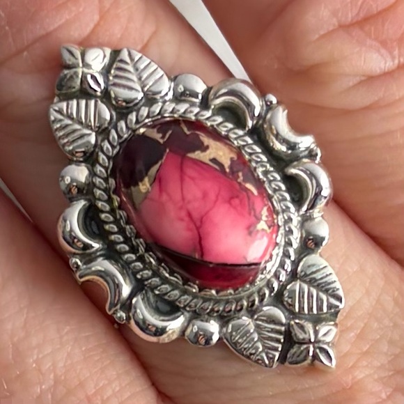 Rose Red Dahlia Turquoise Navajo Style Ring Size 9 Pure Sterling Silver 925 New - Picture 5 of 12